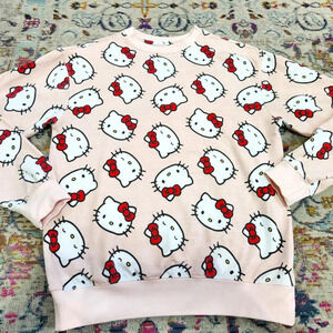Sanrio Women's Tops Pink Hello Kitty Graphic Faces Crew Neck Sweatshirt, sz XS